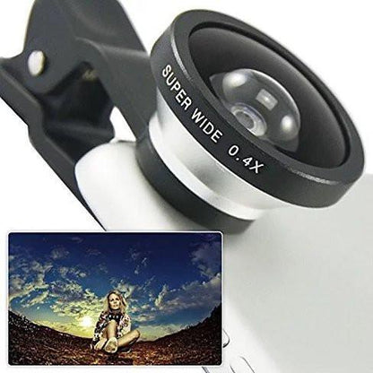 Clip-on smartphone super wide 0.4x lens with black holder and wide-angle glass