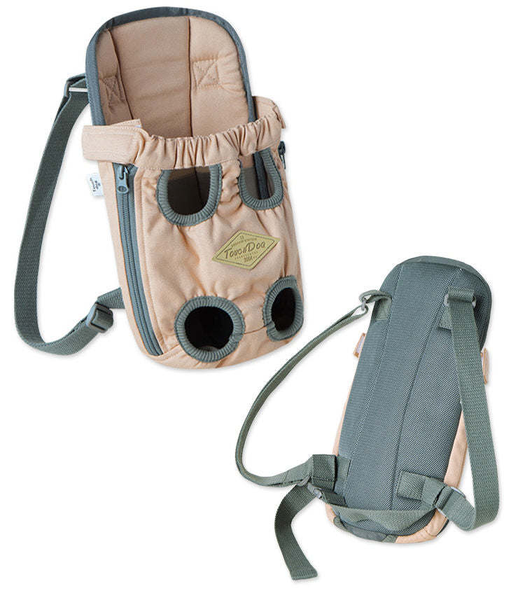 Beige and teal dog front/backpack carrier with padded headrest and paw openings