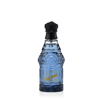 Versace Blue Jeans cologne bottle in blue glass with black cap and embossed logo
