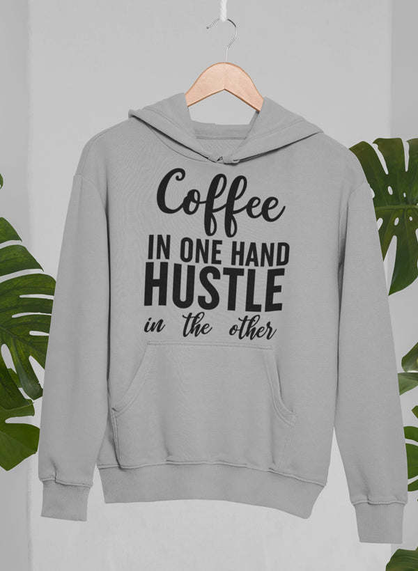 Heather gray hoodie with front pocket and coffee slogan graphic on chest