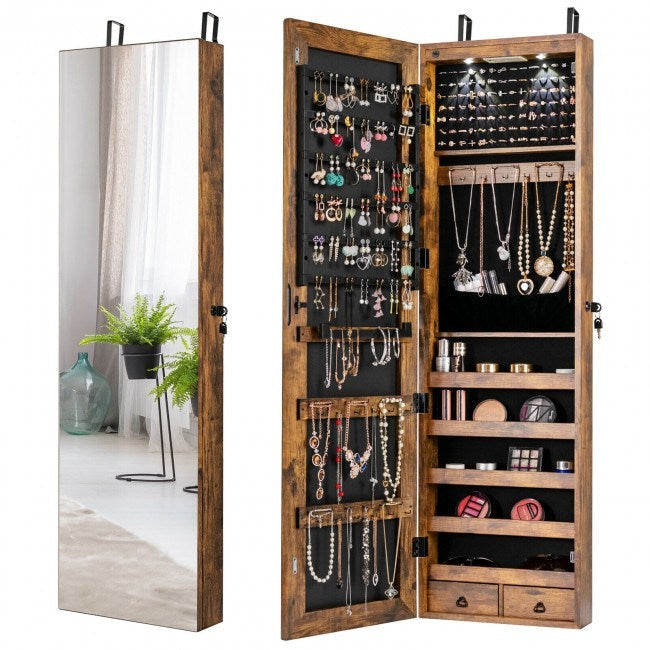Rustic brown mirrored jewelry cabinet with lit shelves for necklaces, rings, and earrings