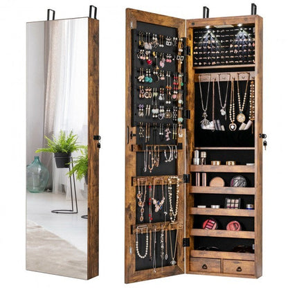 Rustic brown mirrored jewelry cabinet with lit shelves for necklaces, rings, and earrings