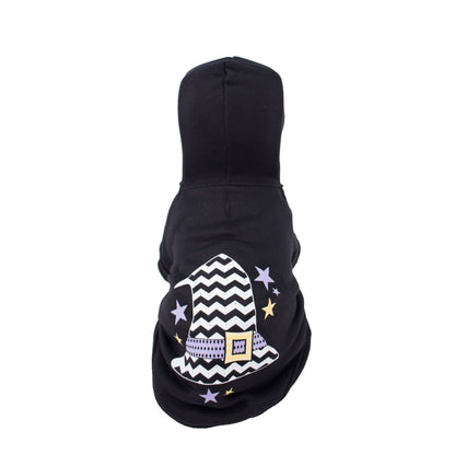 Black hooded pet sweater with wizard hat patch and star motifs, back view
