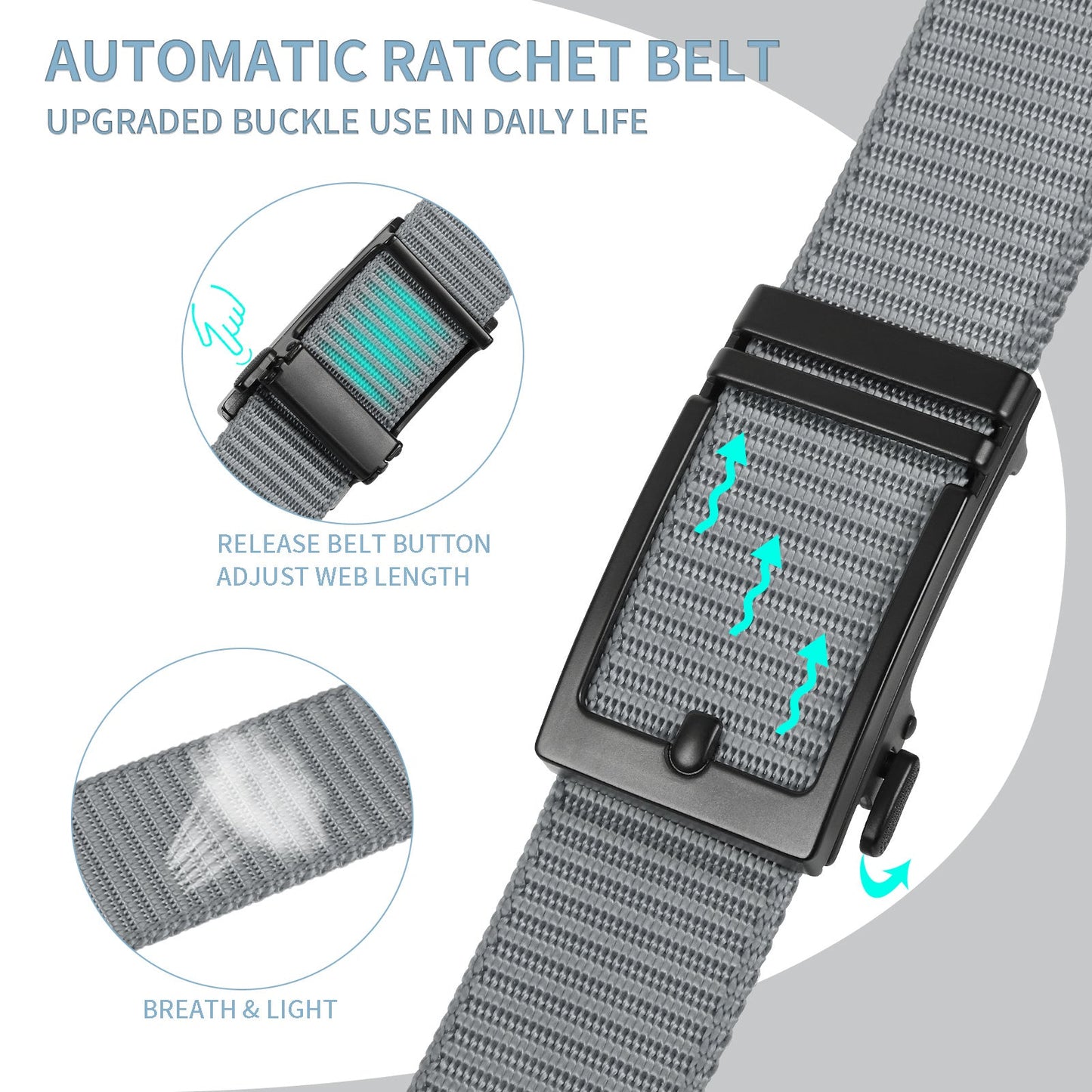 Gray nylon ratchet belt with black automatic buckle and adjustable webbing, front view