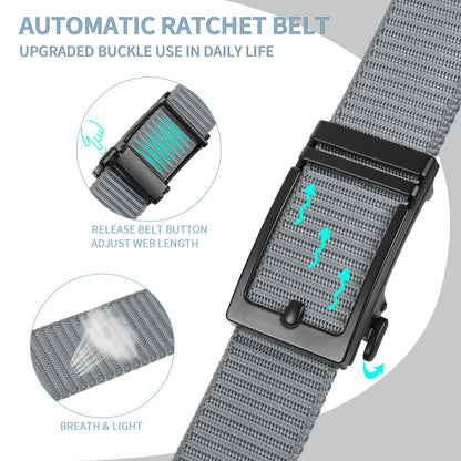Gray nylon ratchet belt with black automatic buckle and adjustable webbing, front view
