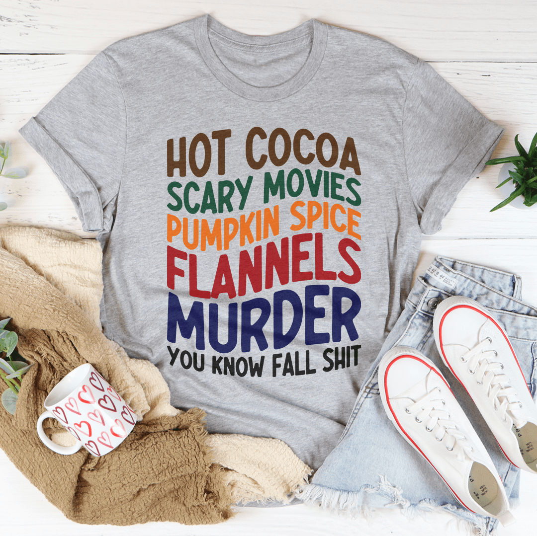 Heather gray crewneck T-shirt with multicolor fall-themed slogan graphic, short sleeves