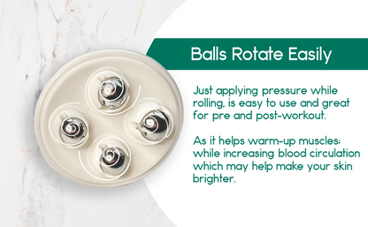Round rolling body massager with white disk and four visible stainless steel bead rollers