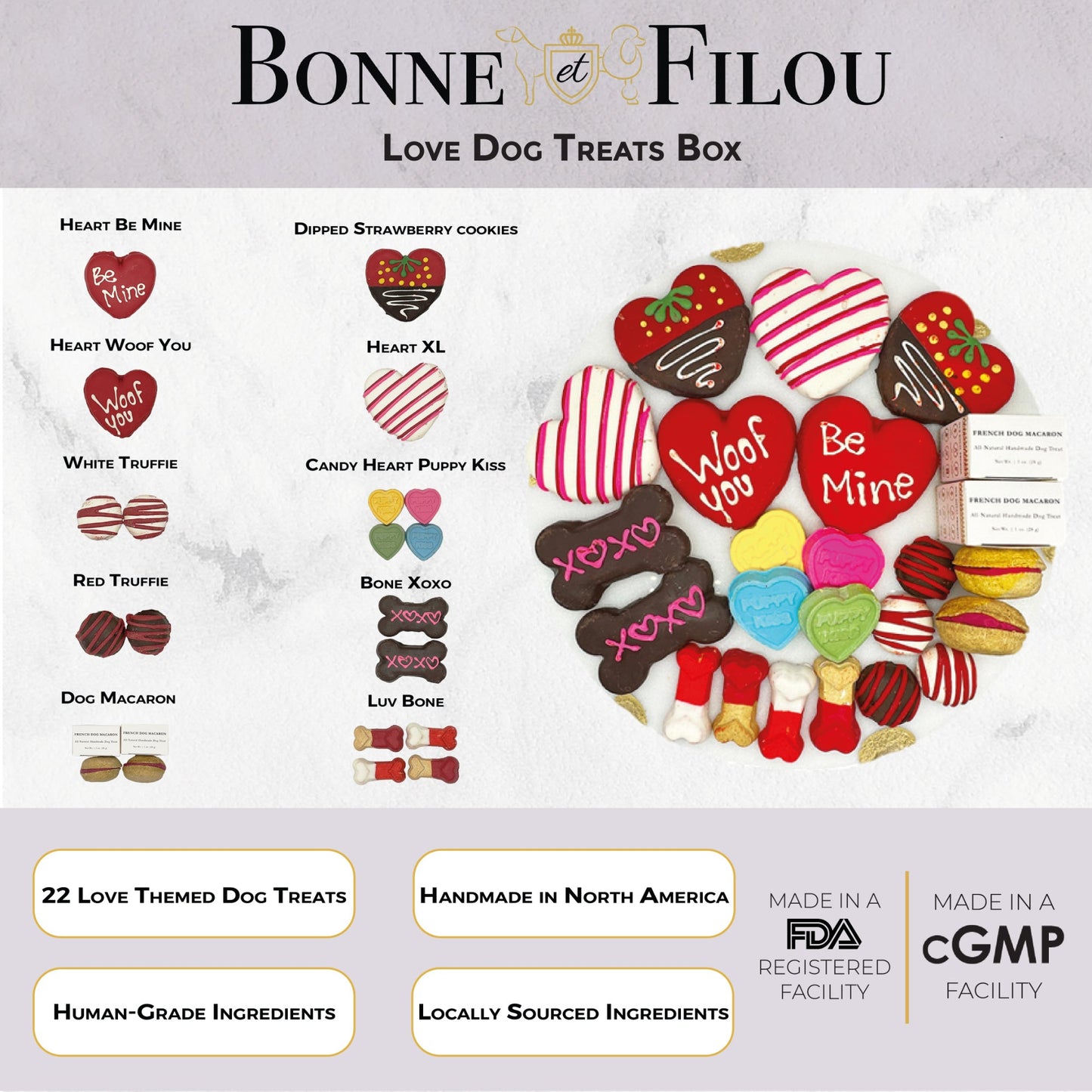 Bonne et Filou Valentine dog treats box showing Woof and Be Mine cookies.