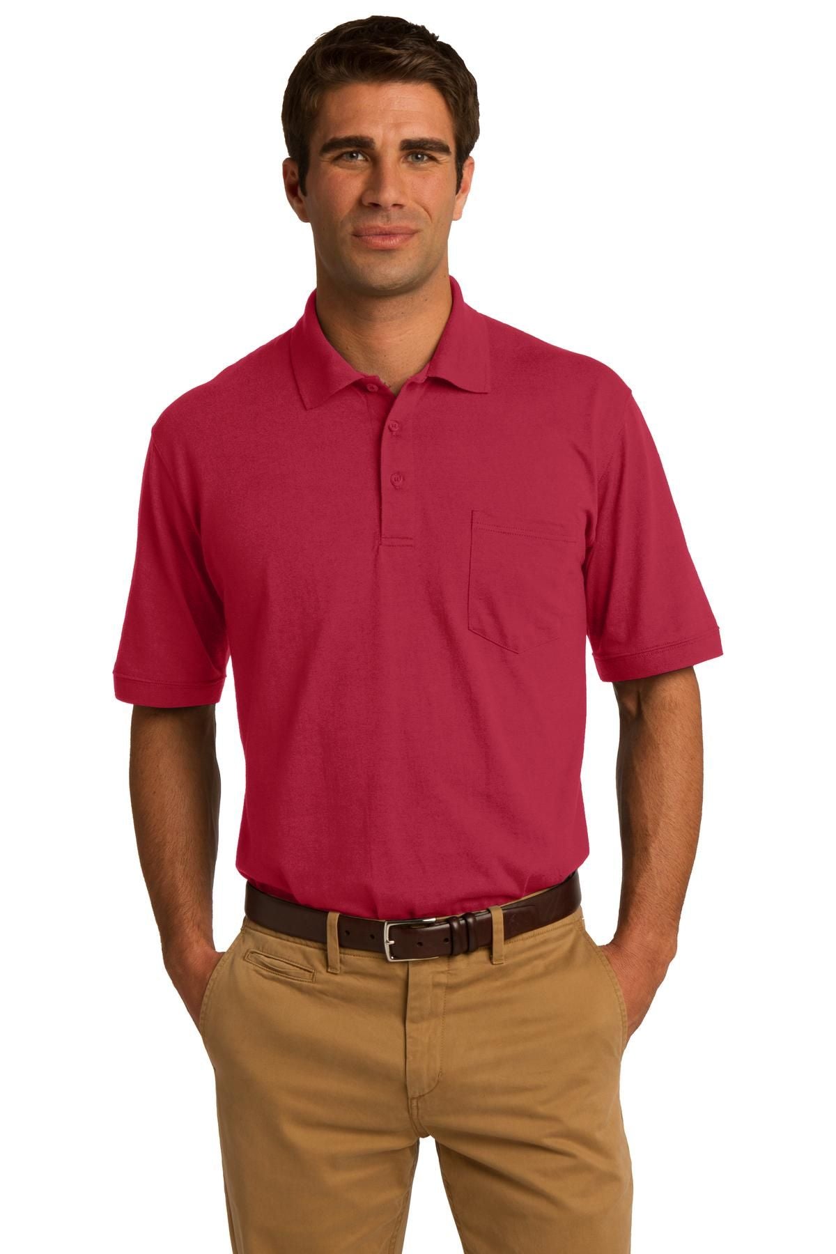 Burgundy jersey knit polo shirt with chest pocket and button placket