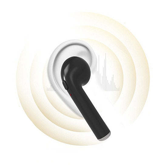 Black Bluetooth earbud with sound-wave indicator rings