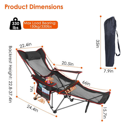 Foldable Camping Chair 330LBS Load Heavy Duty Steel Lawn Chair Collapsible Chair with Reclining Backrest Angle Cup Holder Pillow Side Pocket Carry Bag
