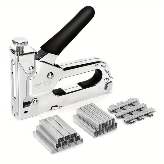Heavy duty staple gun with black handle and metal body, with steel staples included