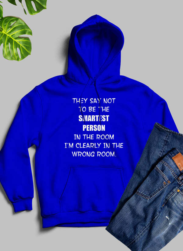 Royal blue pullover hoodie with front hood and kangaroo pocket, white statement text