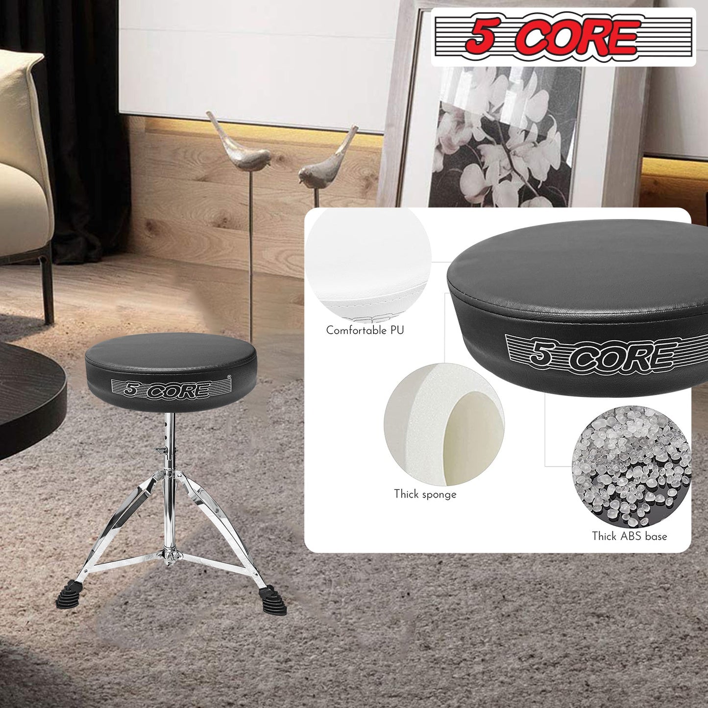 Black round padded drum stool with chrome tripod legs for indoor percussion use.