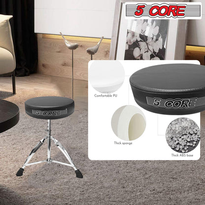 Black round padded drum stool with chrome tripod legs for indoor percussion use.
