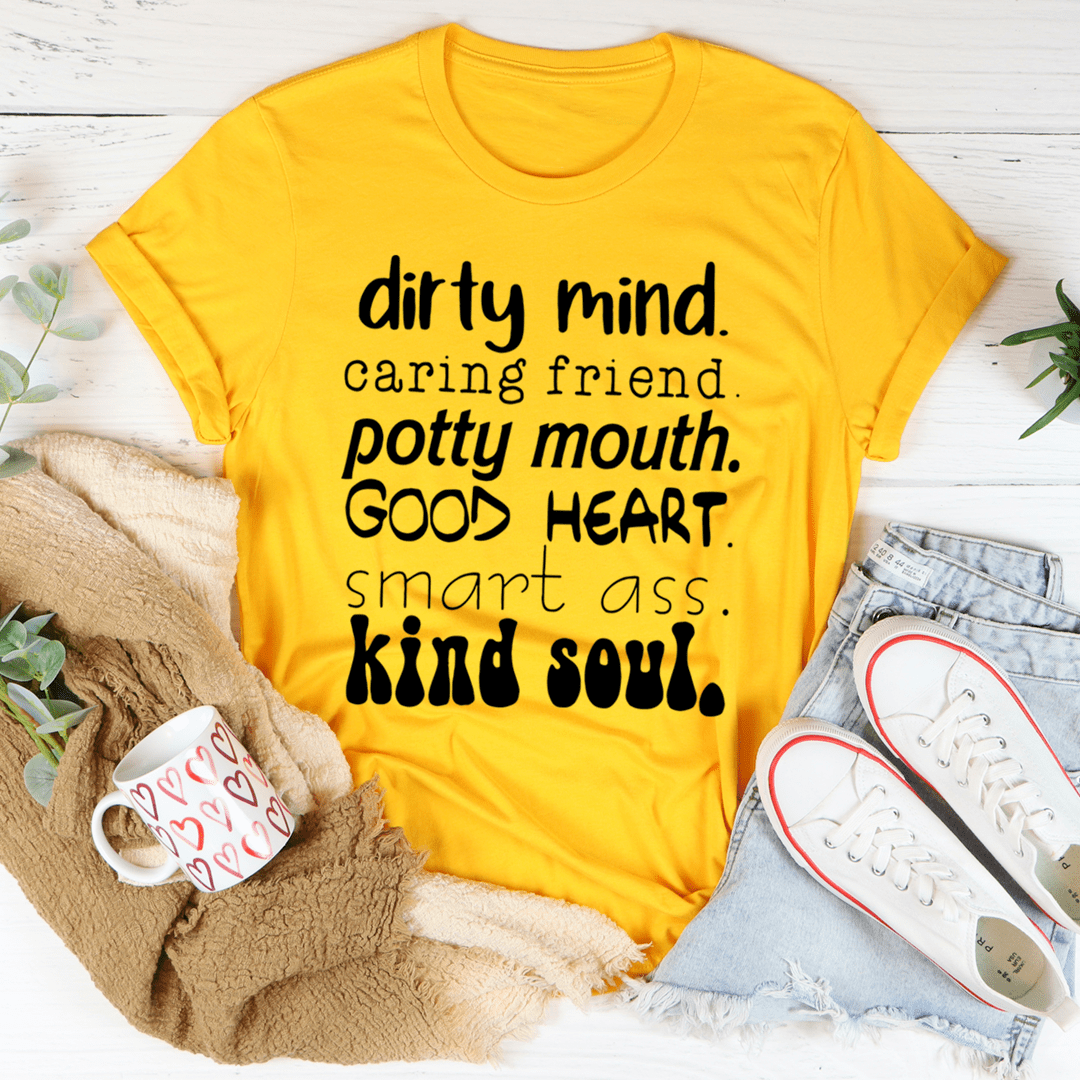 Yellow crewneck graphic T-shirt with black 'dirty mind' slogan text.