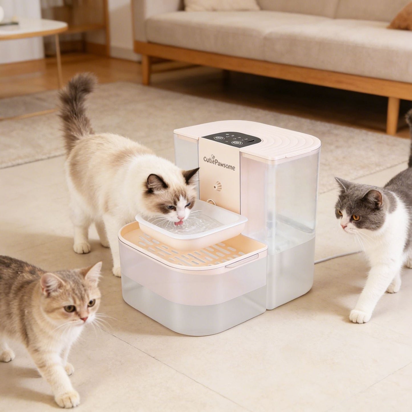 Automatic pet water fountain with beige base and top lid, drinking platform inside