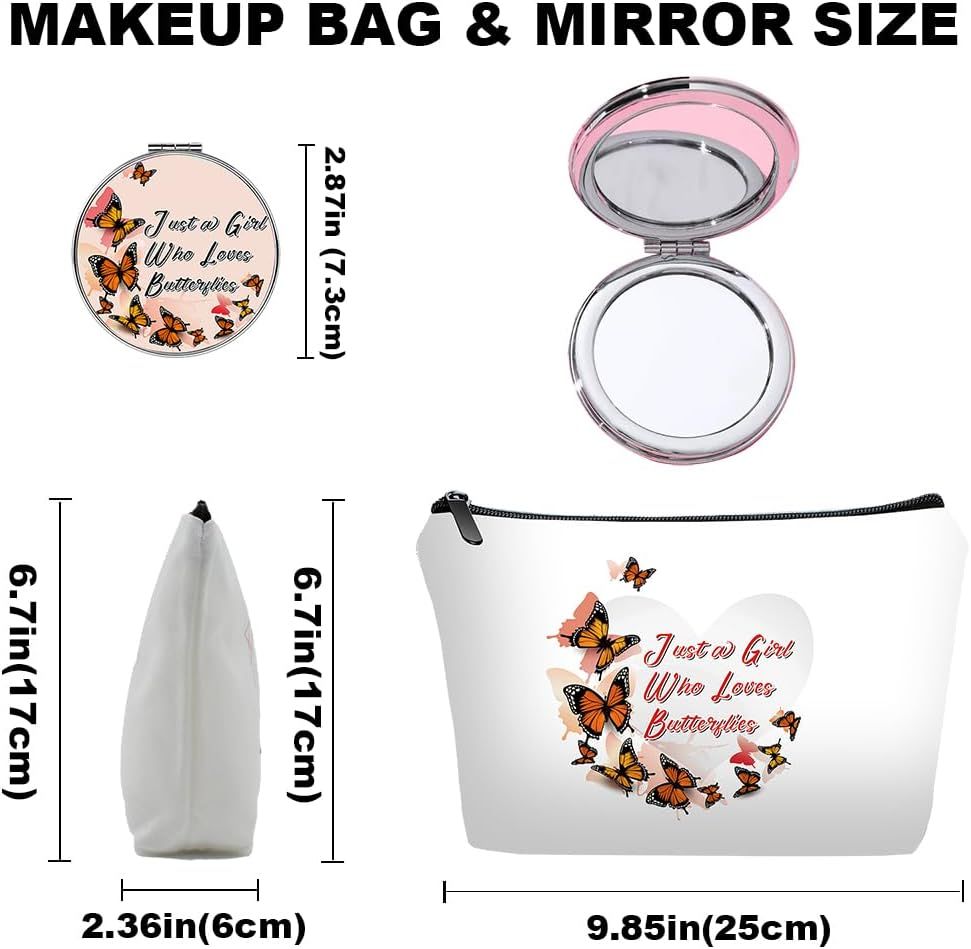 Personalized butterflies love heart Travel Makeup Cosmetic Bag set with Mirror for women girls,brown Butterflies Makeup Bag organizer kit for Travel & Daily Use,Butterfly Gifts for Women Mom