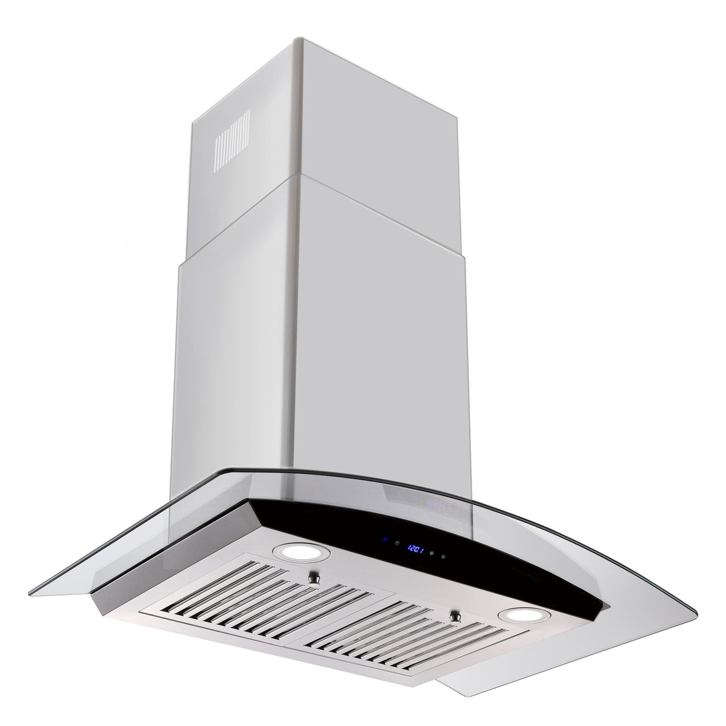 30-inch wall mounted range hood angled view with tempered glass canopy over vent grille