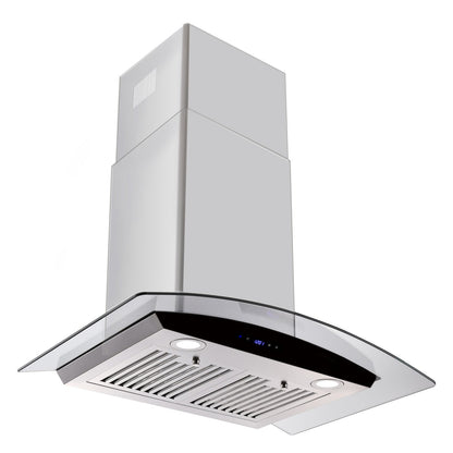 30-inch wall mounted range hood angled view with tempered glass canopy over vent grille