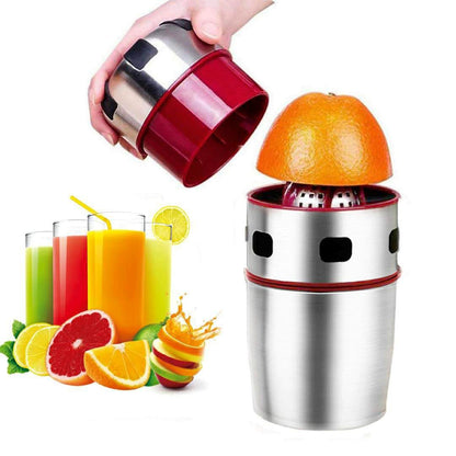 Portable manual citrus juicer, stainless steel body with red lid and press cone