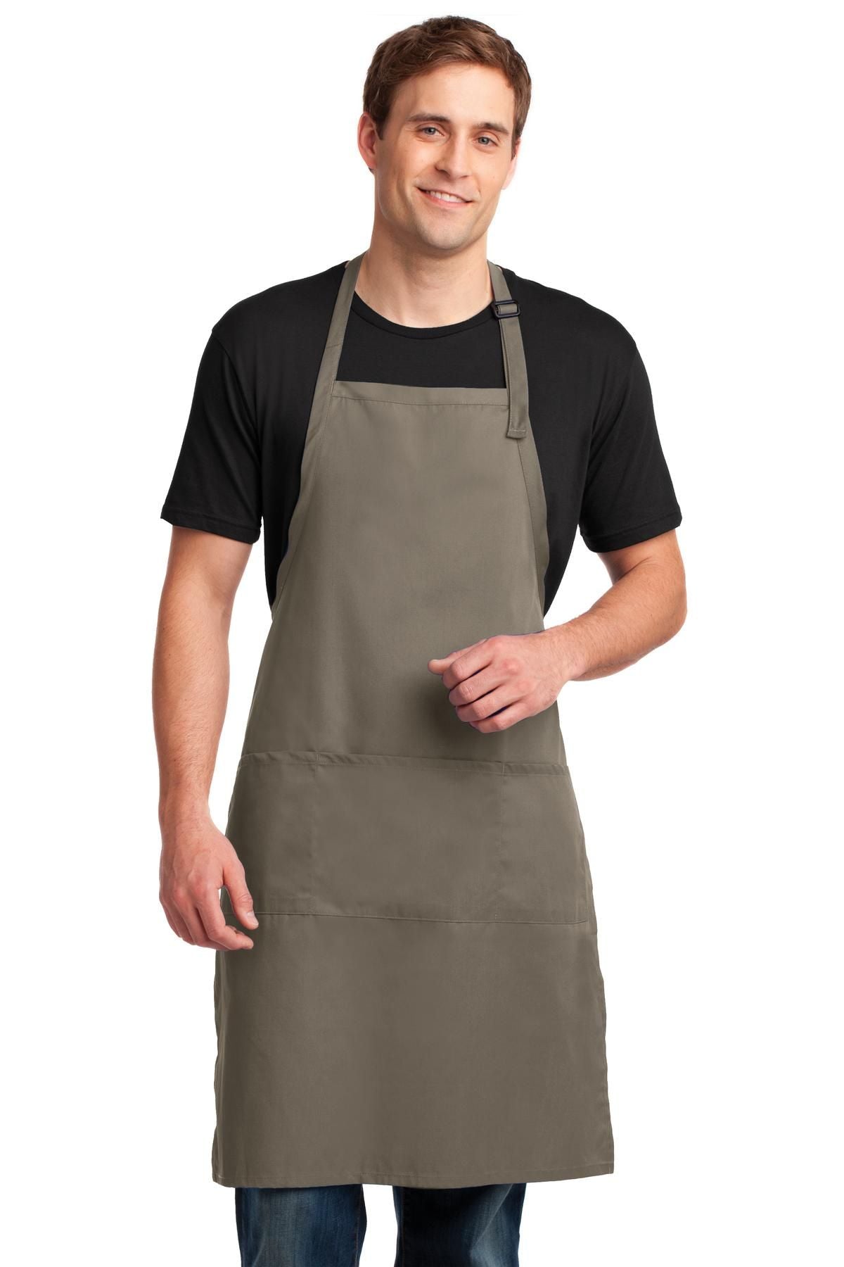 Khaki bib apron with front pocket and adjustable neck strap