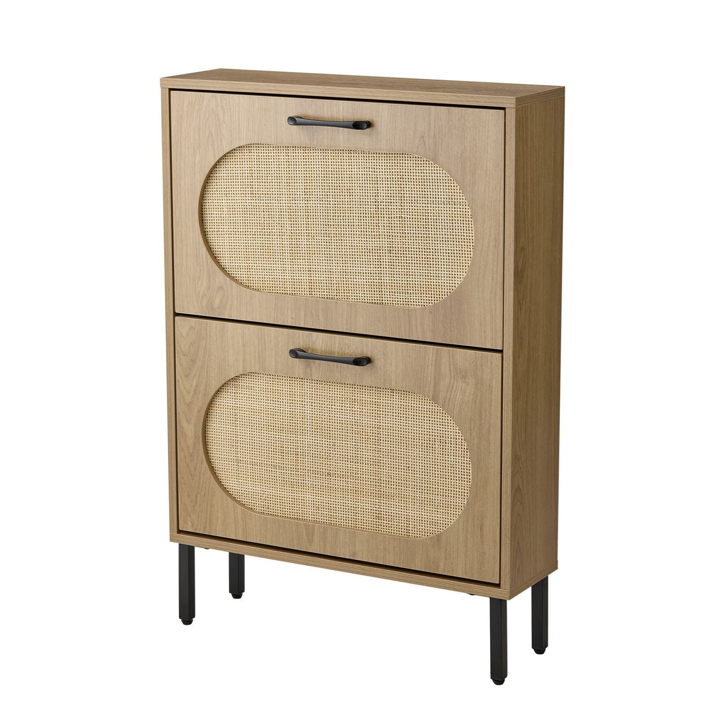 Rattan Shoe Cabinet with 2 Flip Doors, Narrow Freestanding Shoe Organizer, Modern Narrow Shoe Storage Cabinet with Metal Legs for Entryway, Hallway, Closet (Natural)