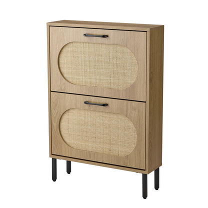 Rattan Shoe Cabinet with 2 Flip Doors, Narrow Freestanding Shoe Organizer, Modern Narrow Shoe Storage Cabinet with Metal Legs for Entryway, Hallway, Closet (Natural)