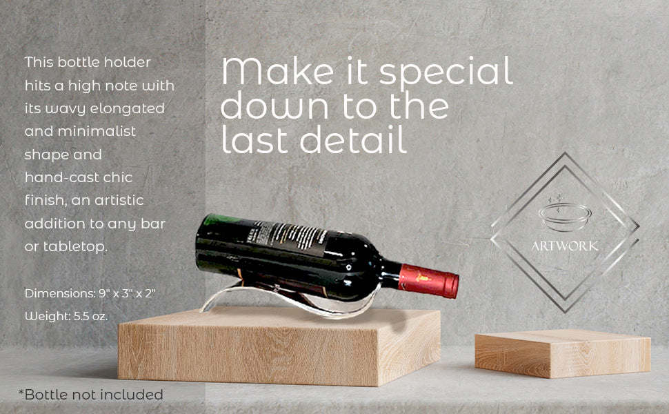 Minimalist bottle holder with curved chrome cradle on light wood blocks