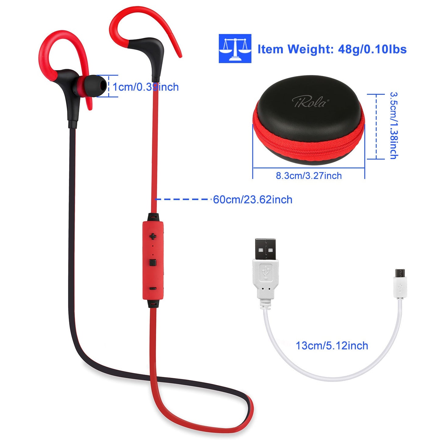 Red and black sport in-ear headphones set with charging cable and earbuds