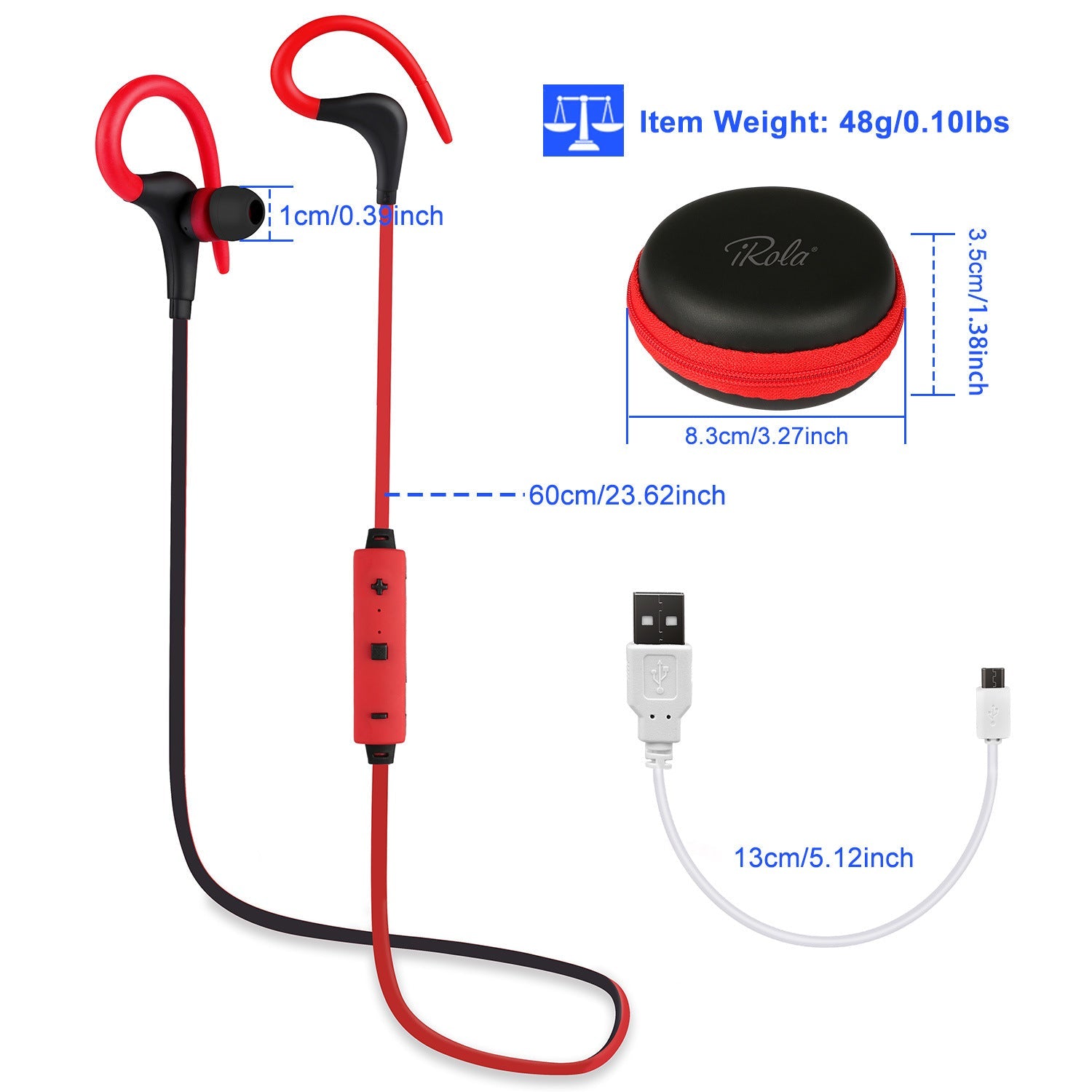 Red and black sport in-ear headphones set with charging cable and earbuds