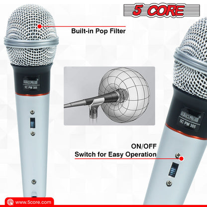 Handheld wired dynamic microphone with built-in pop filter and on/off switch.