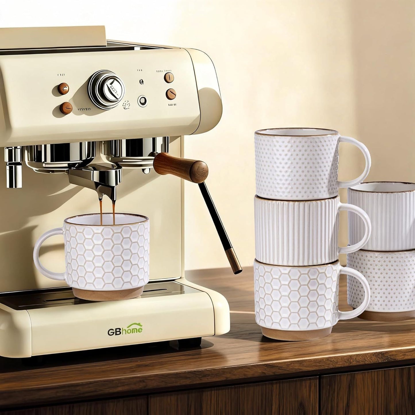 12OZ Stackable Coffee Mugs, Ceramic Coffee Mugs with Texture Patterns for Man,Woman,Dad,Mom, Modern Coffee Mugs Set of 4 for Latte/Cappuccino/Cocoa. Dishwasher&Microwave Safe, Off White
