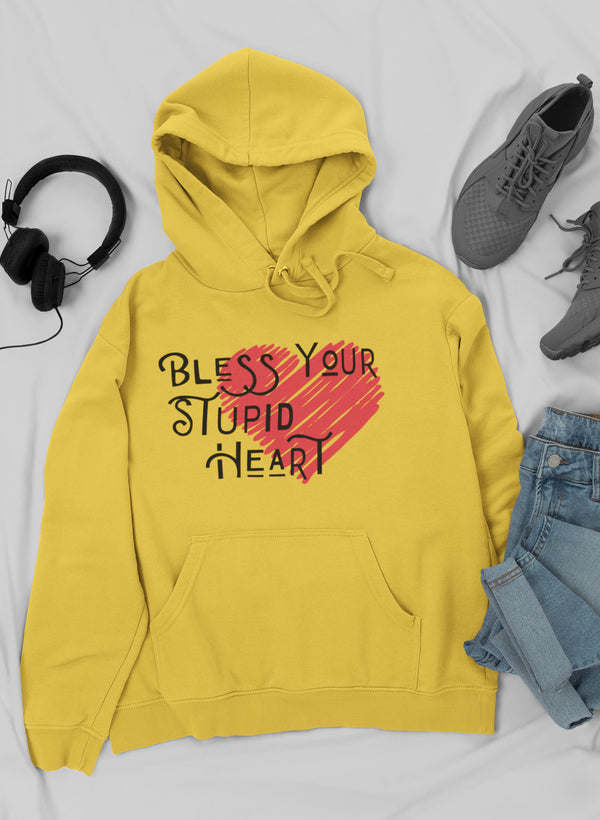 Yellow hoodie with drawstring hood, kangaroo pocket, and front graphic print