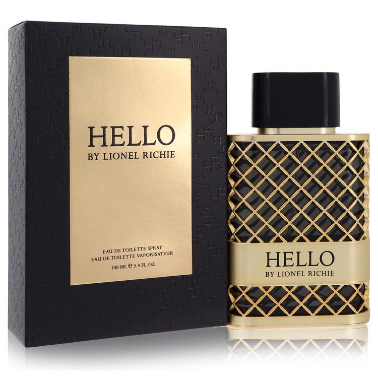 Hello by Lionel Richie eau de toilette spray bottle with black and gold patterned cap and box
