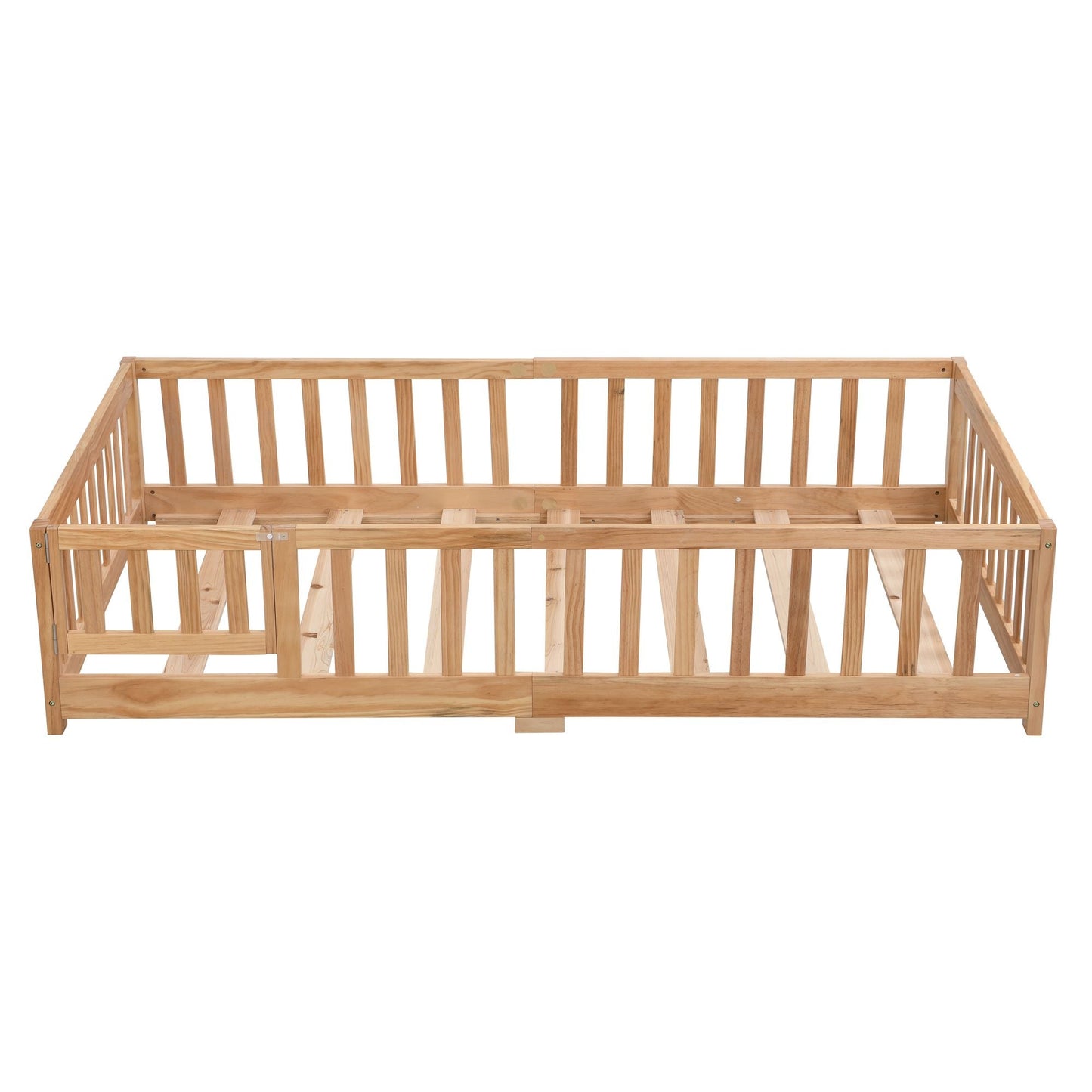 Full Size Floor Bed with Door, Solid Wood Platform Bed Frame with Fence, Suitable for children, Pine Wood