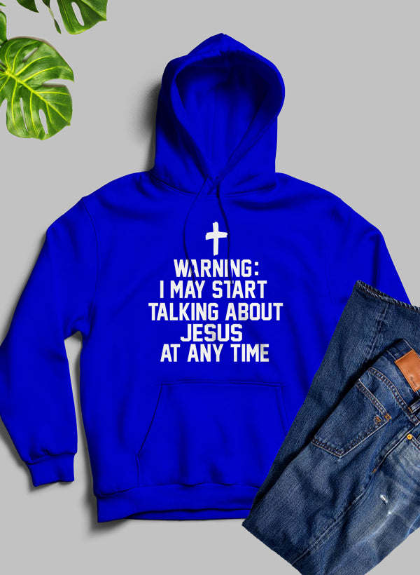 Royal blue hoodie with front pocket, hood, white cross, and warning text graphic