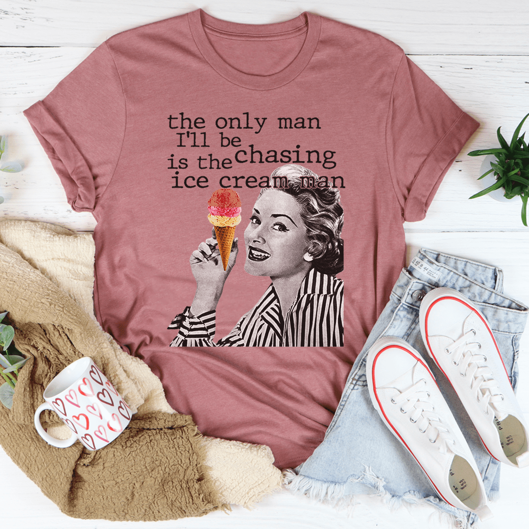 Rose pink T-shirt with vintage woman and ice cream cone illustration at center