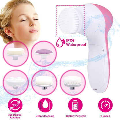 Pink-and-white electric face cleansing brush with replaceable round bristle head