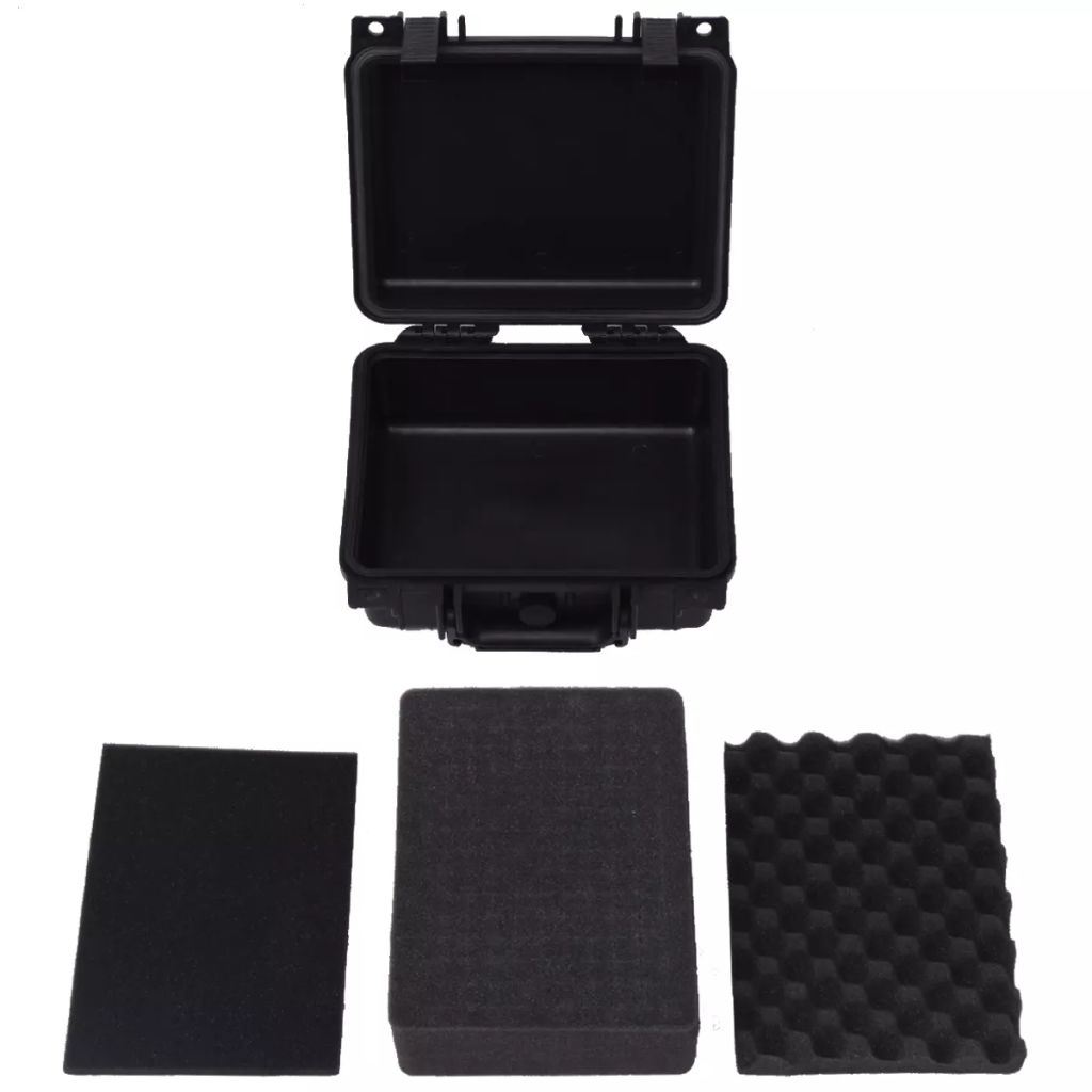 Black protective equipment case open with foam pads and textured lid liner
