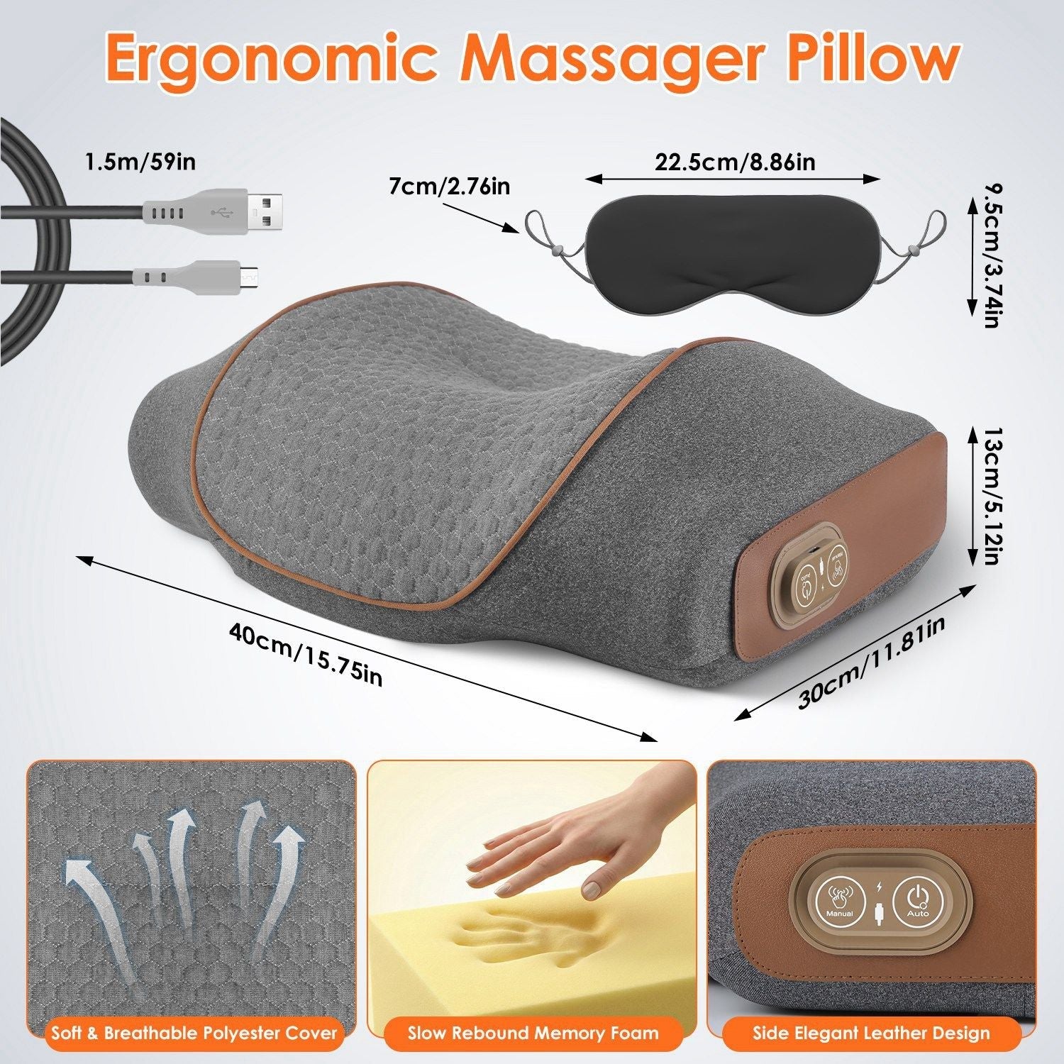 3-in-1 neck massager pillow, dark grey textured cover with side control buttons and straps