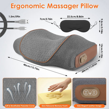 3-in-1 neck massager pillow, dark grey textured cover with side control buttons and straps