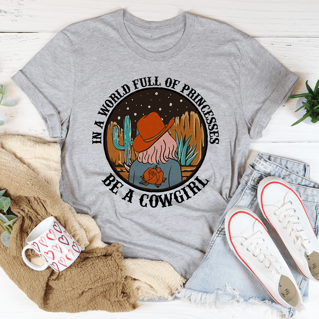 Heather grey cowgirl T-shirt with circular cactus and cowboy hat design