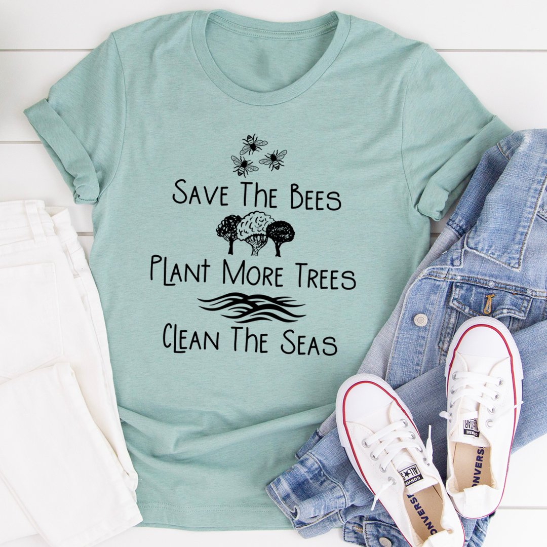 Teal T-shirt with “Save the Bees” tree and “Clean the Seas” slogan graphic