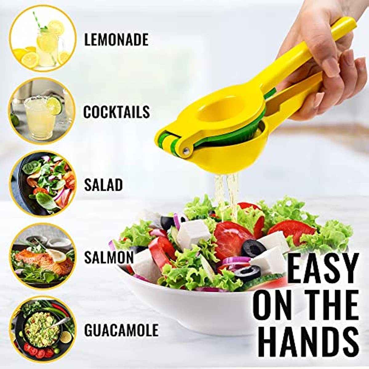 Yellow manual citrus juicer held by handle above a glass with lime and lemon