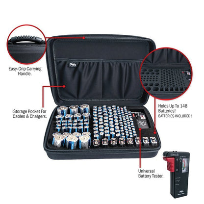 Small battery storage case open; holds up to 148 batteries, with cable pocket and tester.