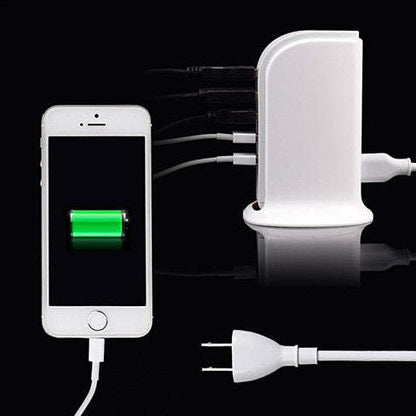 White power tower charger with multi-USB ports and a connected plug cable