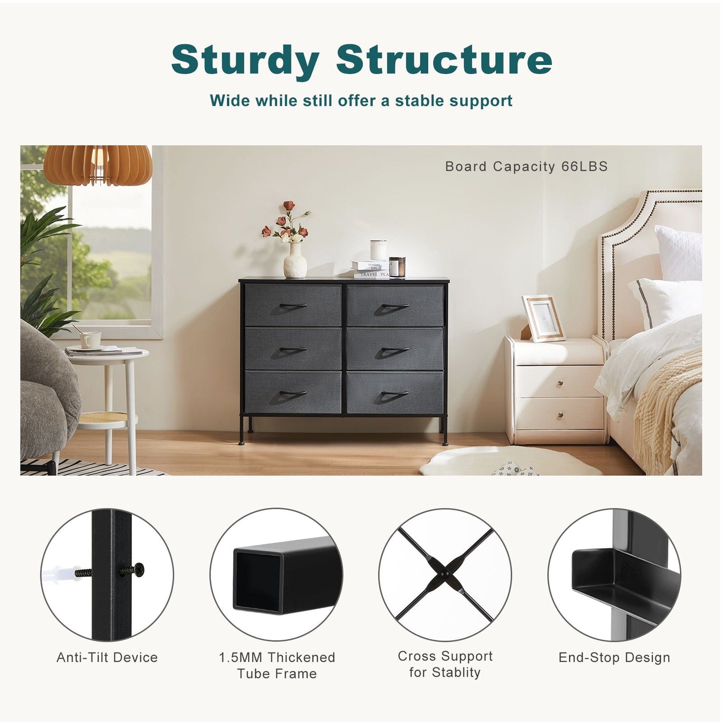 Dresser for Bedroom 6 Drawers Wide Fabric Storage Units Chest of Drawers for Bedroom with Metal Frame and Wooden Top for TV
