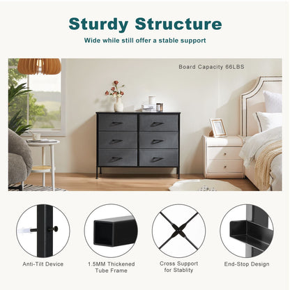 Dresser for Bedroom 6 Drawers Wide Fabric Storage Units Chest of Drawers for Bedroom with Metal Frame and Wooden Top for TV