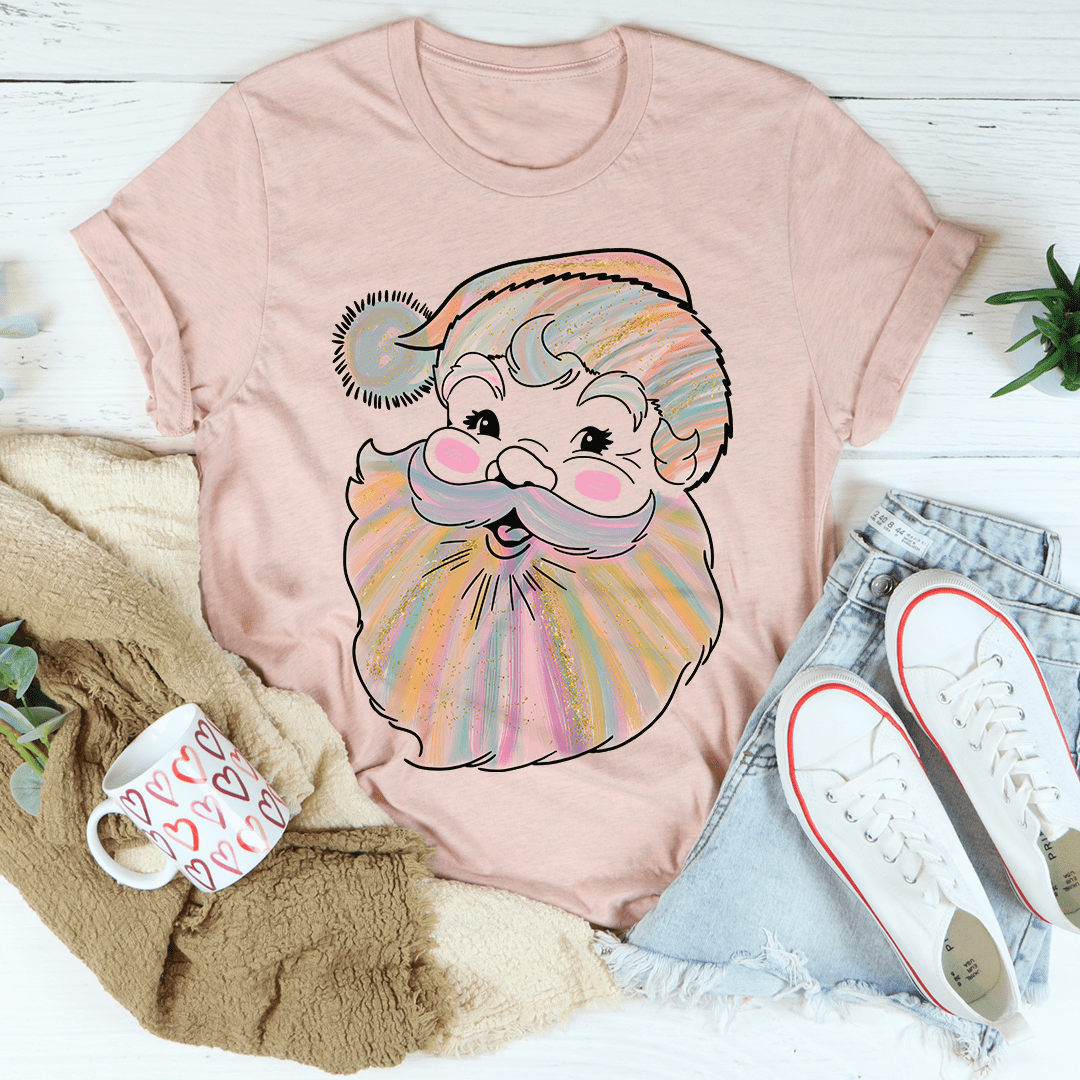 Light pink crewneck Santa T-shirt with watercolor Santa face graphic, short sleeves